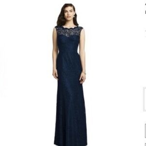 Dessy Collection Navy Lace-Accent Maxi Gown